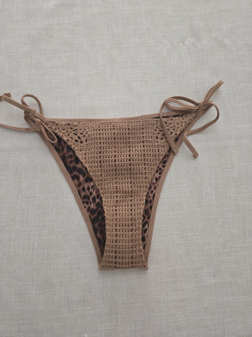 NWT aerie Brown Crochet Tie-Side Bikini Bottom with Leopard Lining